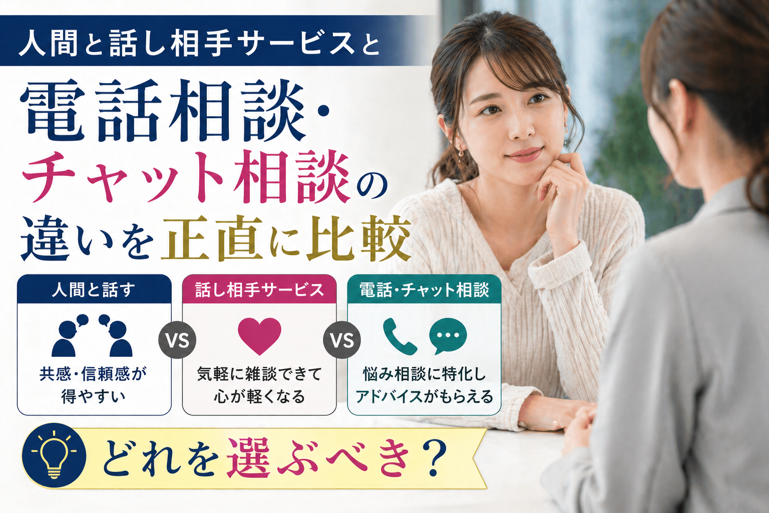 話し相手サービスと電話相談・チャット相談の違いを正直に比較｜どれを選ぶべき？